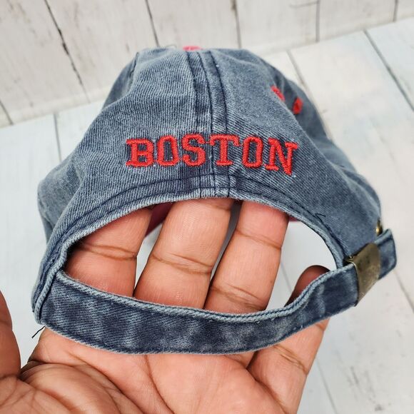 Boston Massachusetts Hat Men’s baseball cap Strapback One Size Denim Red GUC - Picture 11 of 12
